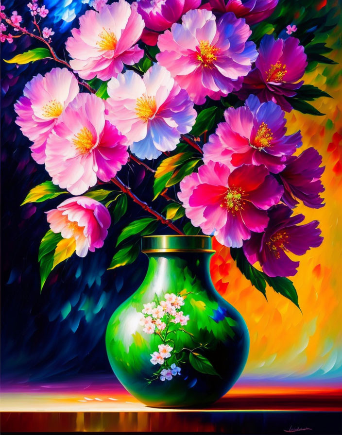 Colorful painting of pink flowers in green vase on vibrant background