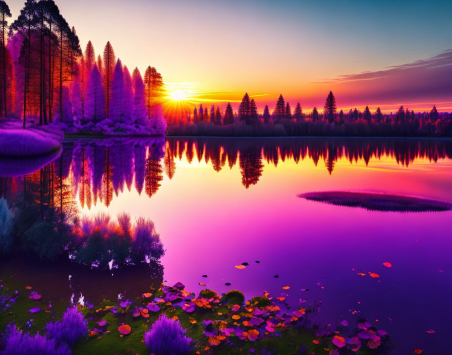 Scenic sunset over calm lake with tree silhouettes and colorful flowers