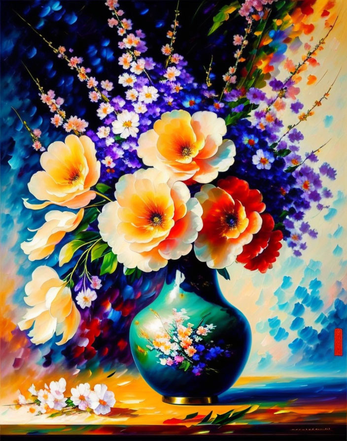 Colorful Bouquet Painting with Orange, Yellow, and Red Blooms
