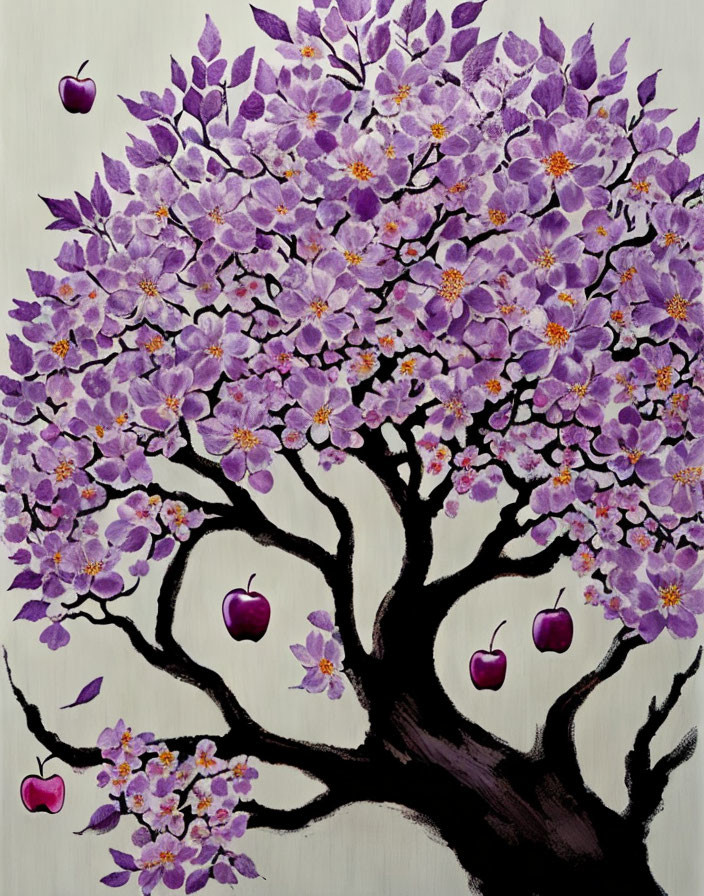 Colorful tree painting with purple blossoms, dark trunk, and red apples on textured backdrop