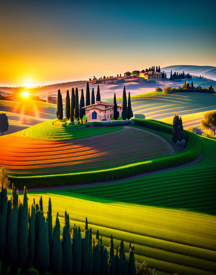 Vibrant sunset over Tuscan hills with cypress trees and farmhouse