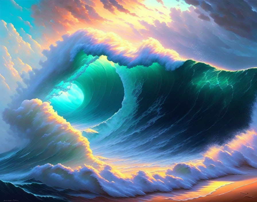 Colossal Wave Digital Artwork with Vibrant Turquoise Core