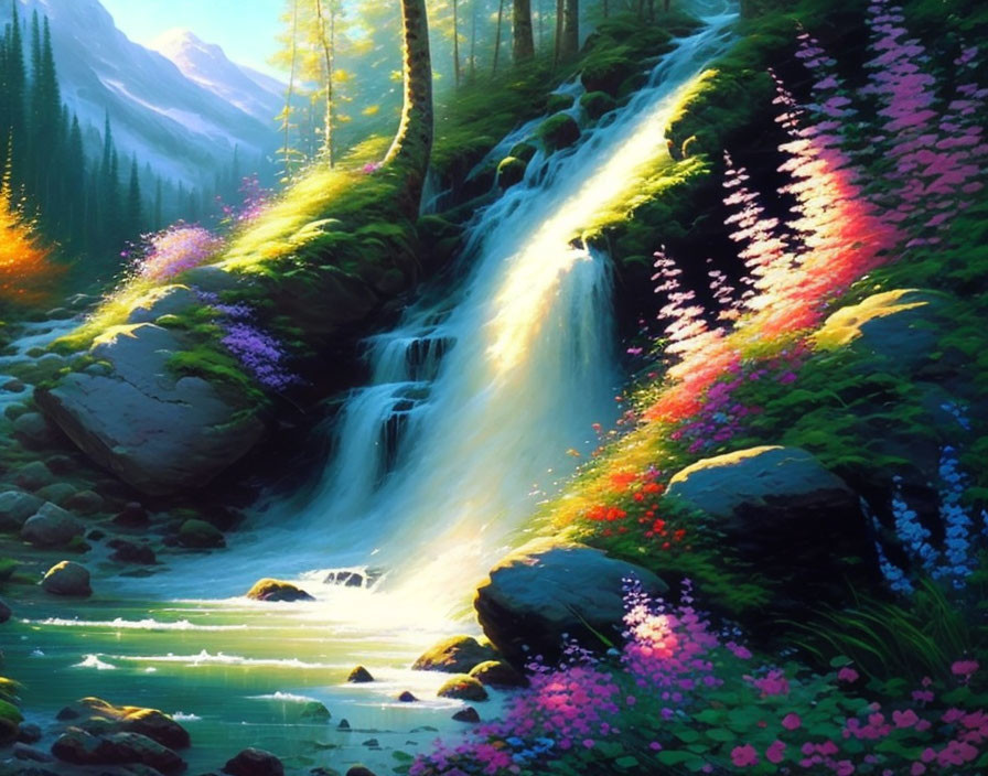 Colorful digital painting: Waterfall in lush greenery with sunlight and flowers