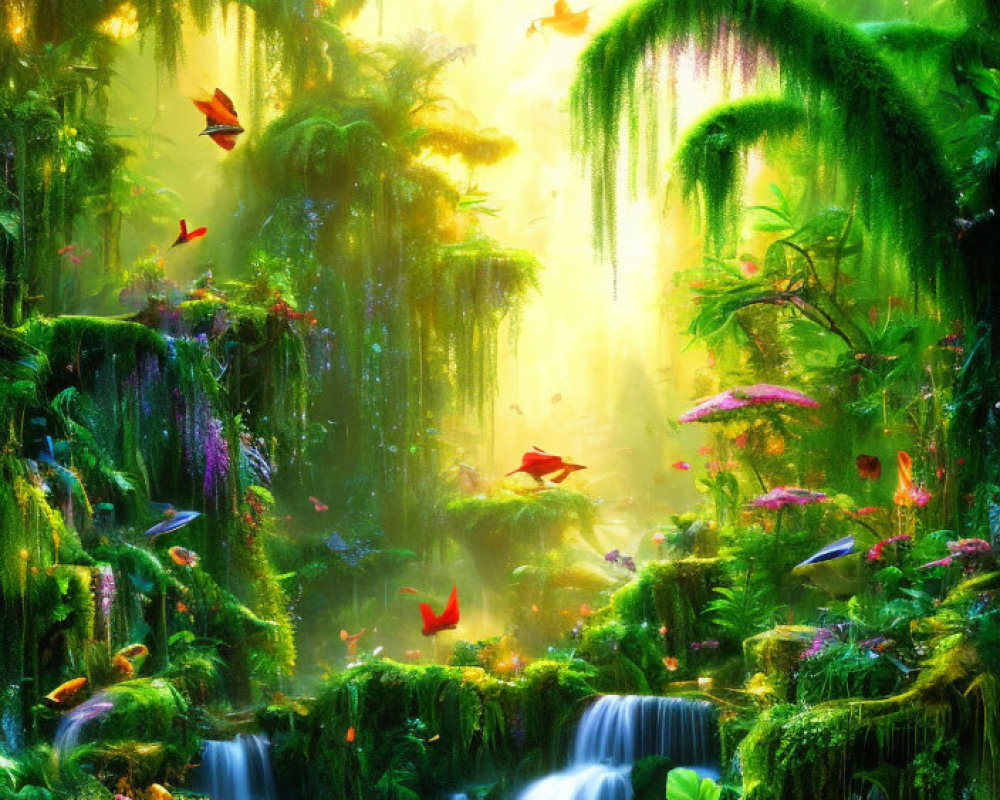 Mystical forest with waterfall, lush foliage, and colorful butterflies