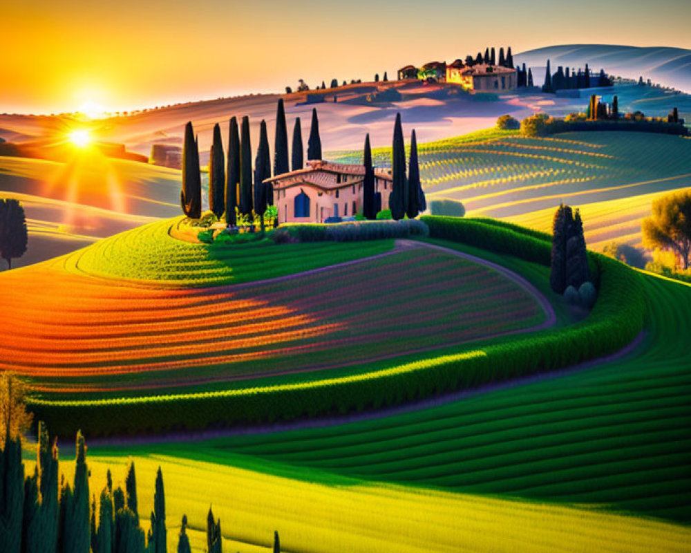 Vibrant sunset over Tuscan hills with cypress trees and farmhouse