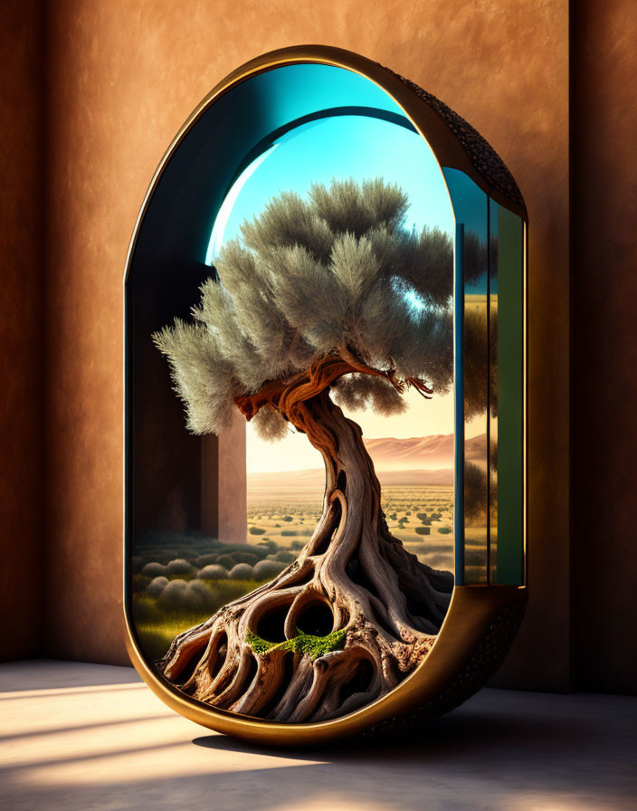 Surreal image: old tree in glossy egg-shaped frame transitions from desert to oasis
