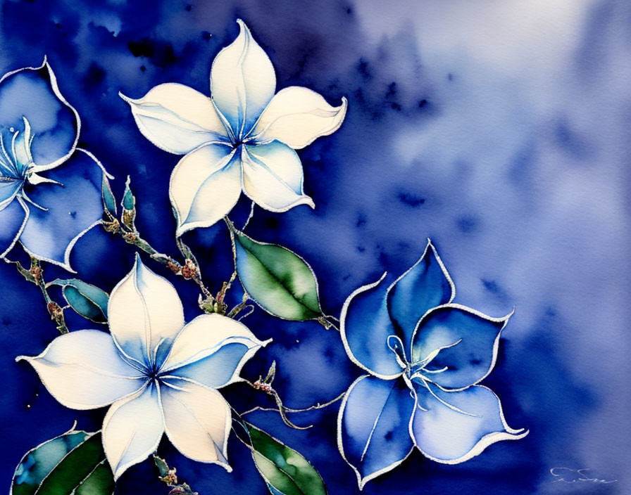 White Flowers Watercolor Painting with Blue and Green Leaves on Deep Blue Abstract Background