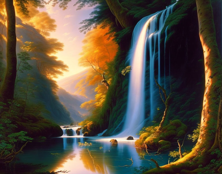 Tranquil waterfall scene with lush greenery and sunlight