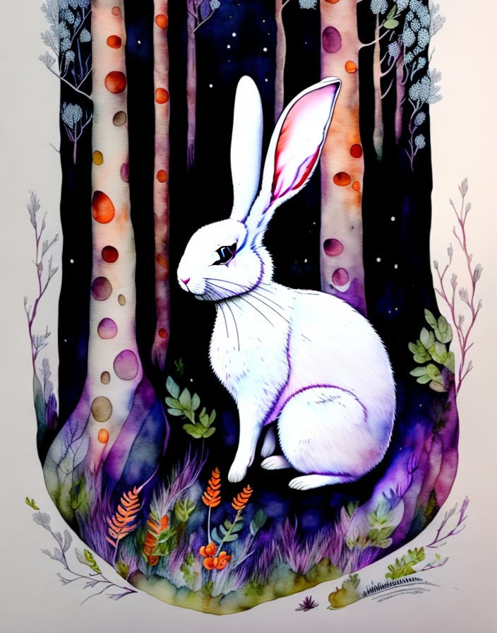 White Rabbit in Mystical Forest with Colorful Trees and Orbs