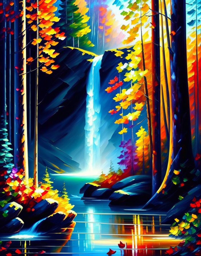 Colorful Forest Painting: Waterfall, Rocky Cliffs, Autumn Trees