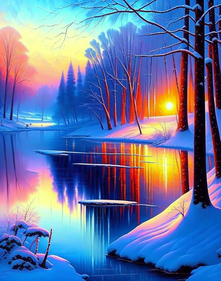 Tranquil winter landscape with colorful sunset, snowy trees, and river