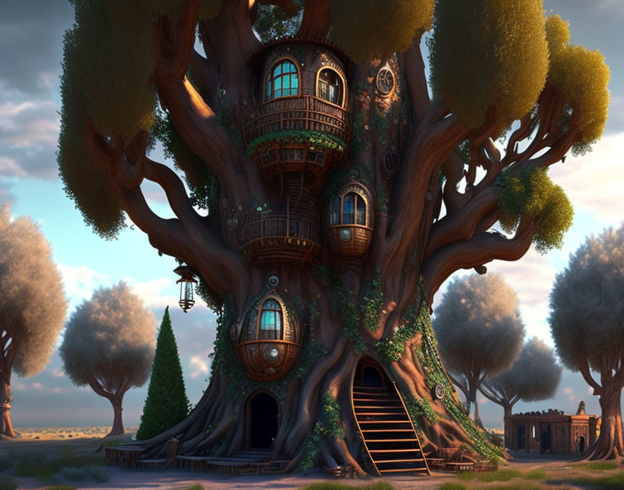 Whimsical treehouse digital illustration with wooden features against twilight sky