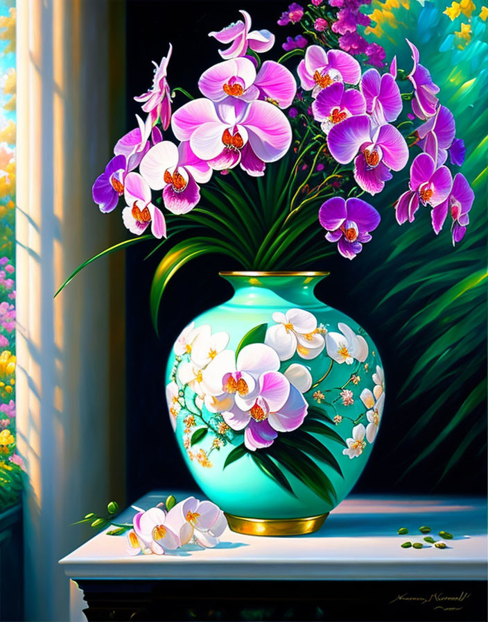 Colorful illustration of turquoise vase with pink and white orchids in lush foliage.