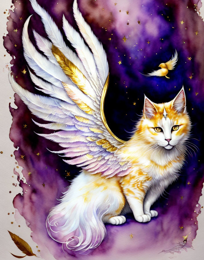 Illustrated Cat with Wings on Cosmic Purple Background