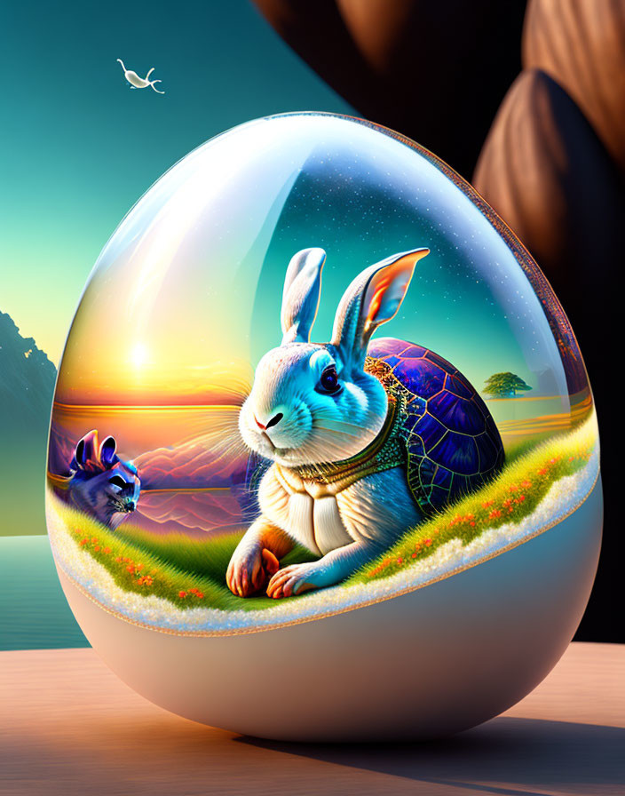 Digital artwork: Rabbit with shell inside transparent sphere against sunset landscape.
