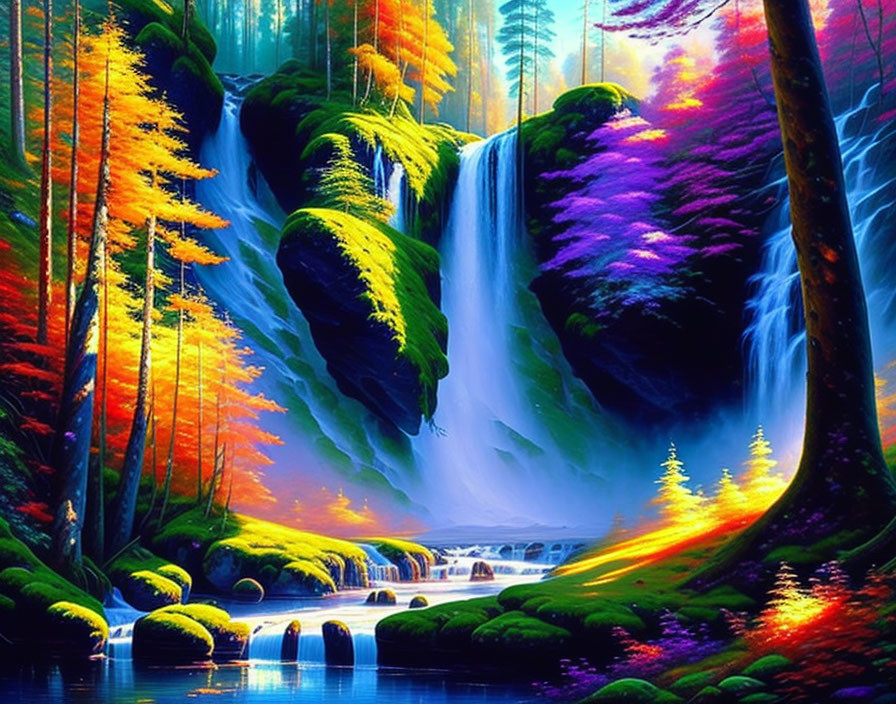 Vibrant digital artwork: lush forest with waterfall & colorful trees