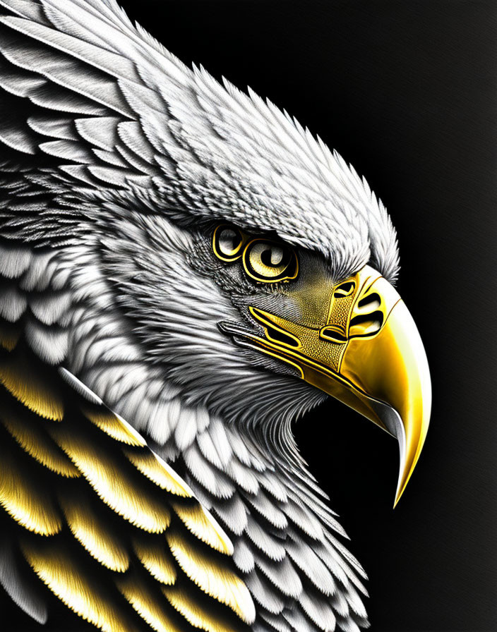 Detailed illustration of majestic eagle head with white feathers and yellow beak on black background