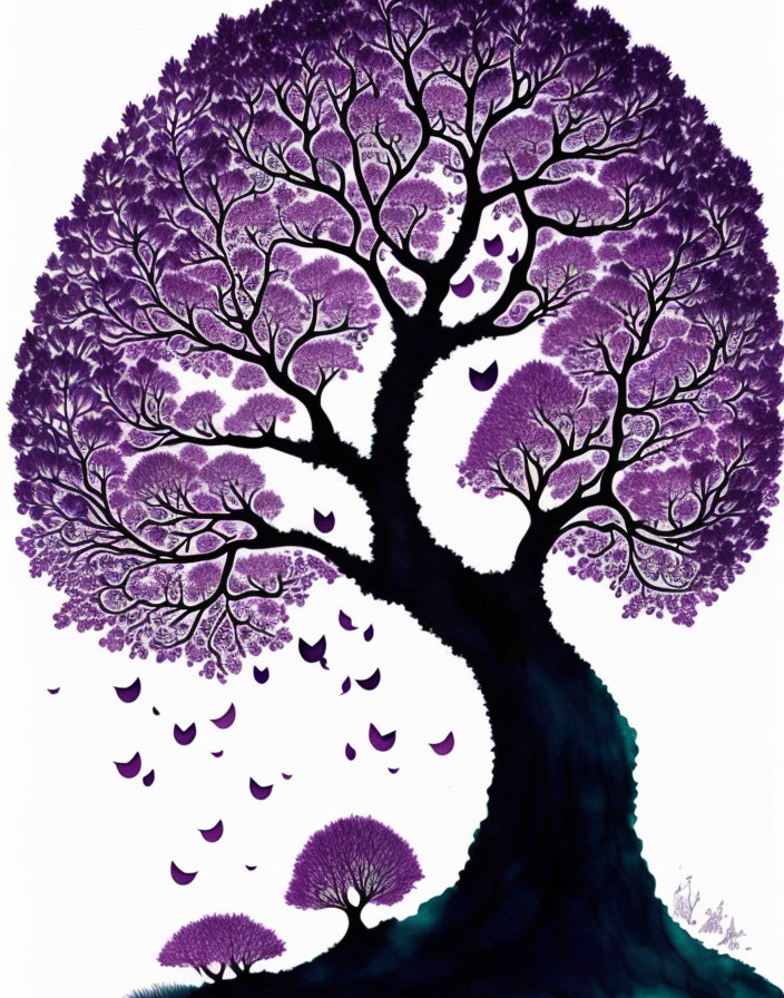Colorful Tree Illustration with Black Trunk and Purple Leaves
