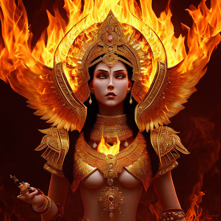 Digital artwork: Woman in golden armor with fiery background
