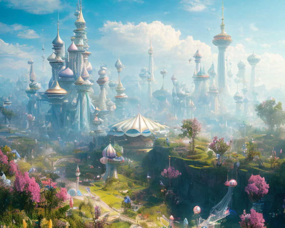 Fantastical city with ethereal spires and floating islands