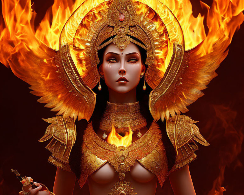 Digital artwork: Woman in golden armor with fiery background