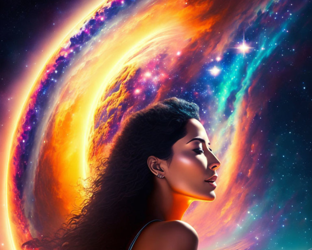 Profile of Woman with Curly Hair in Cosmic Background