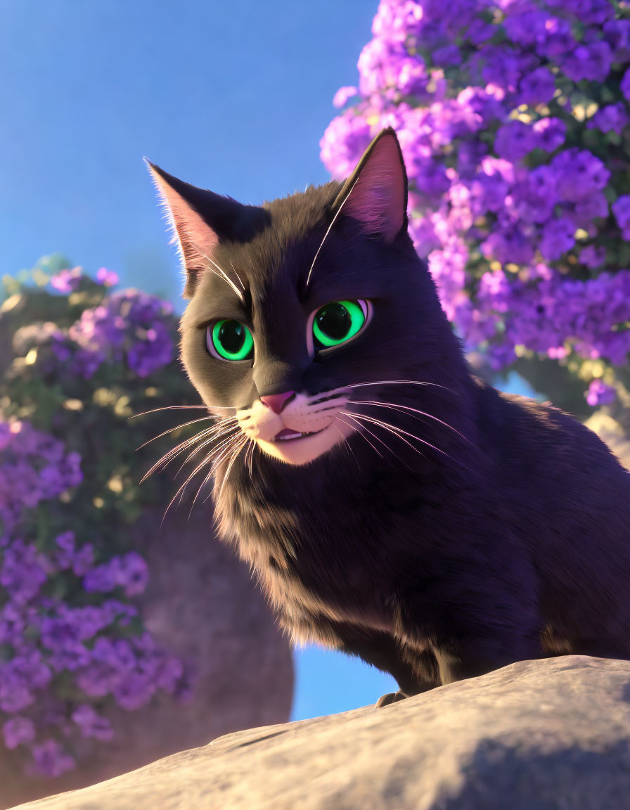 3D-animated black cat with green eyes on rock with purple flowers