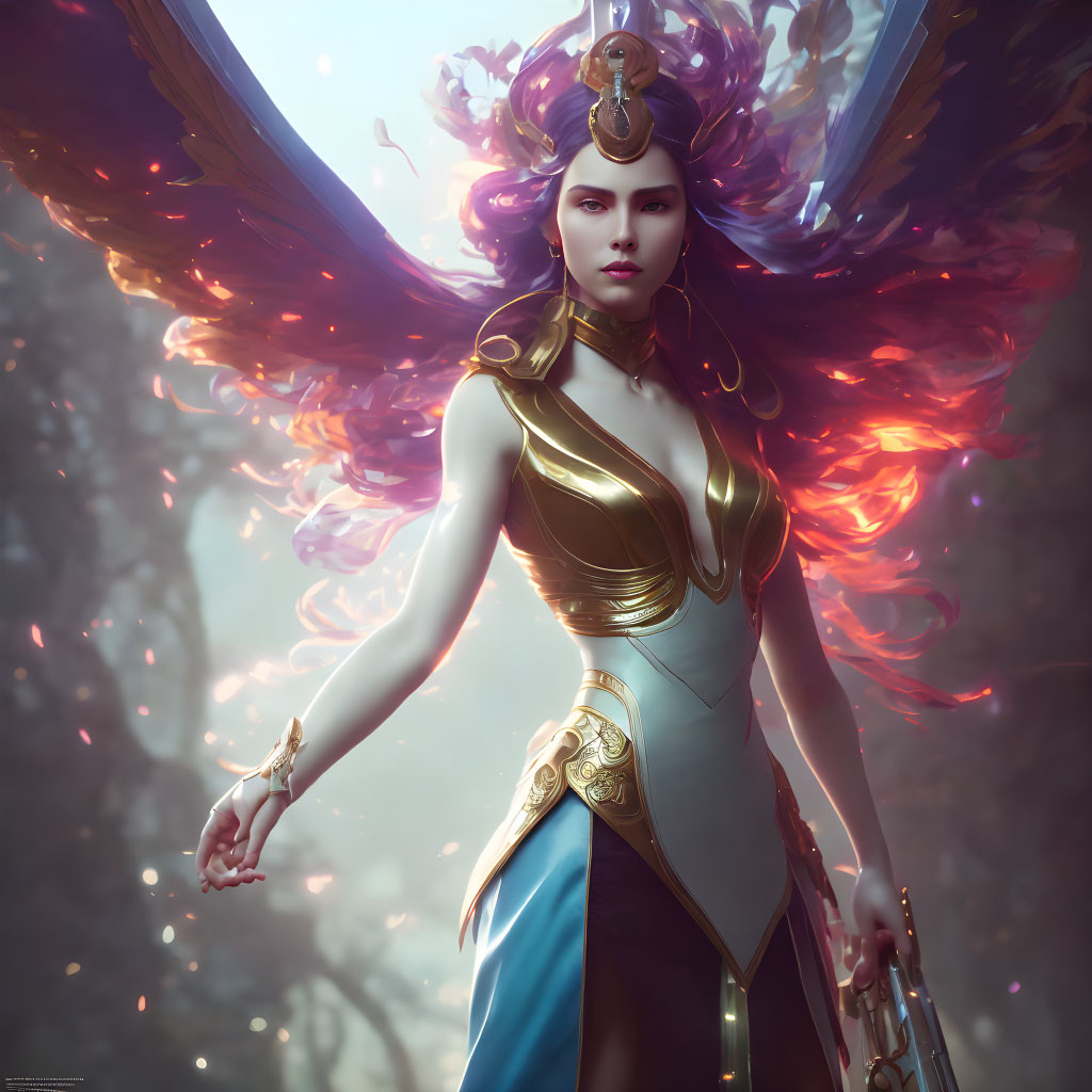 Fantasy character in golden armor with fiery wings in mystical setting