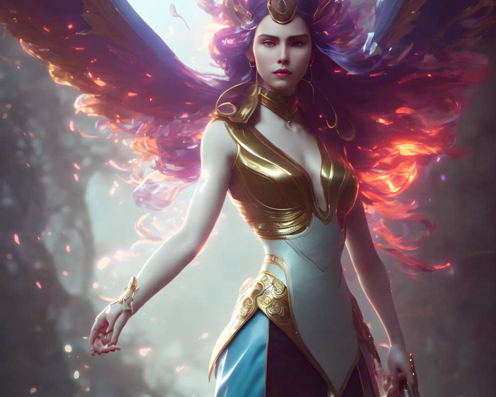 Fantasy character in golden armor with fiery wings in mystical setting