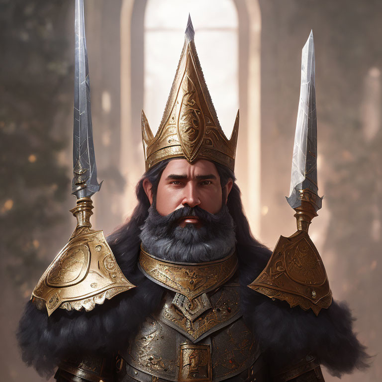 Bearded fantasy king in golden armor wields two swords in misty forest