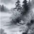 Misty forest with fog-covered trees and distant temple