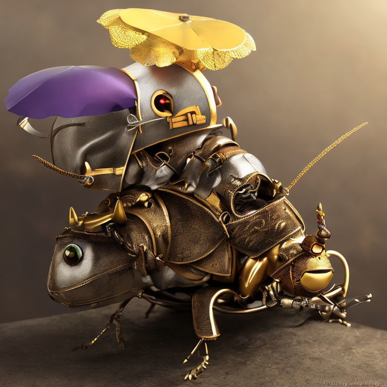 Steampunk-style mechanical bee with intricate gears and leather, realistic eyes, saddle, and pouches