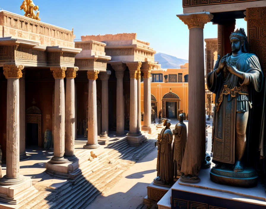Serene Ancient Courtyard with Columns and Statues