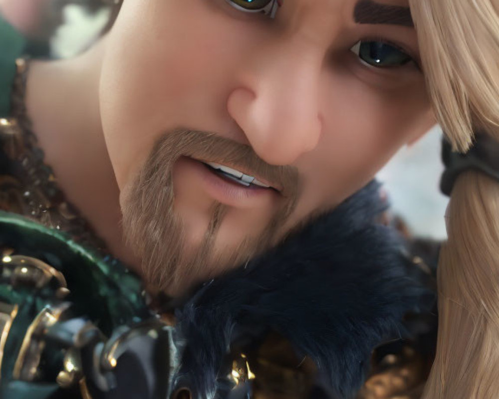 Stylized male character with braided beard and ornate armor portrait