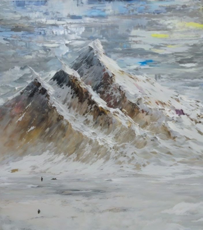 Snowy Mountain Scene with Small Figures in Impressionistic Painting
