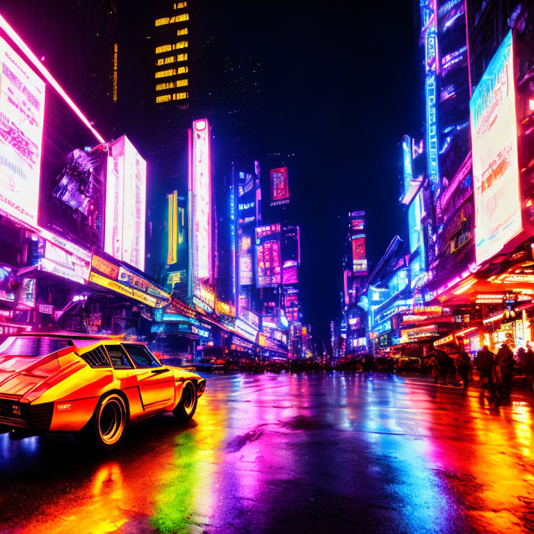 Futuristic car with neon highlights in vibrant city scene