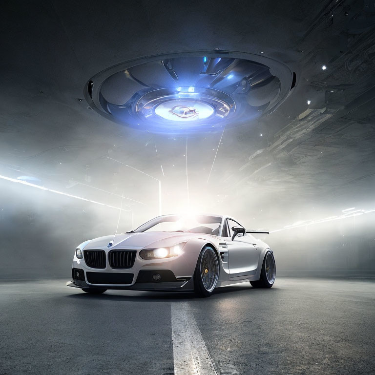 Futuristic scene: white sports car under hovering UFO