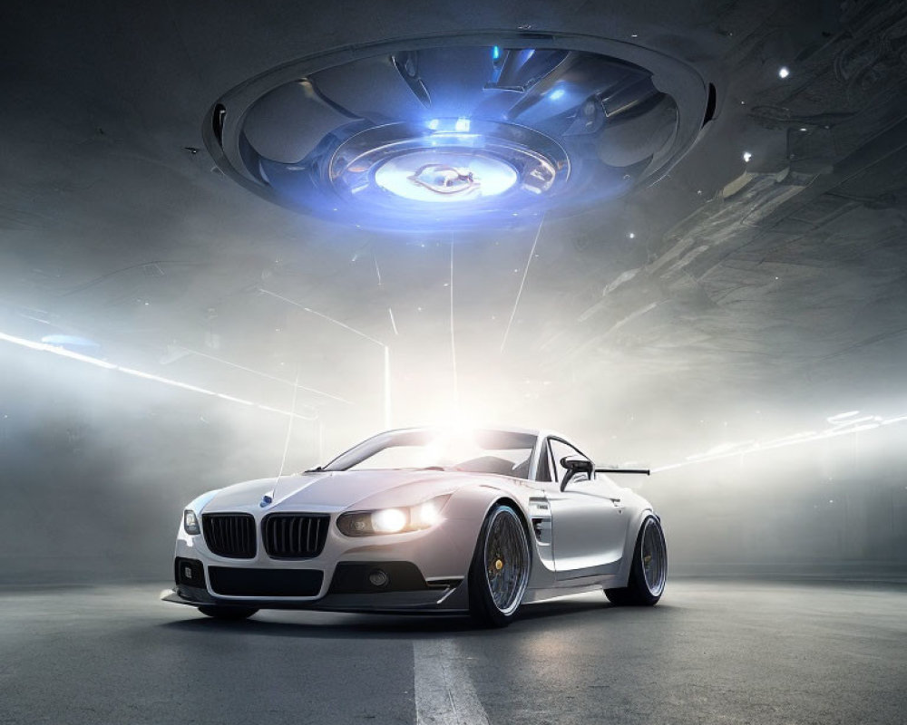 Futuristic scene: white sports car under hovering UFO