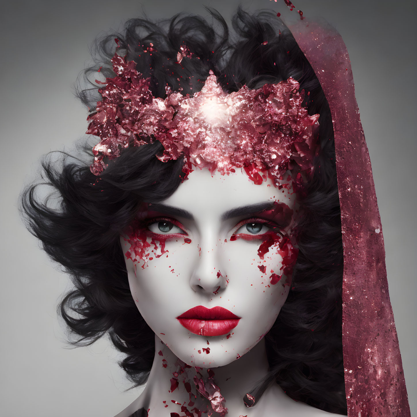 Woman with Splattered Red Paint Makeup and Crown of Red Splashes