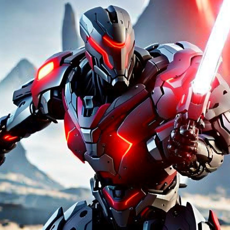 Red and Black Armored Robot with Glowing Sword in Mountain Landscape