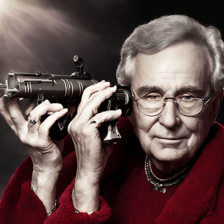 Elderly person with glasses aiming rifle in red garment on dark background
