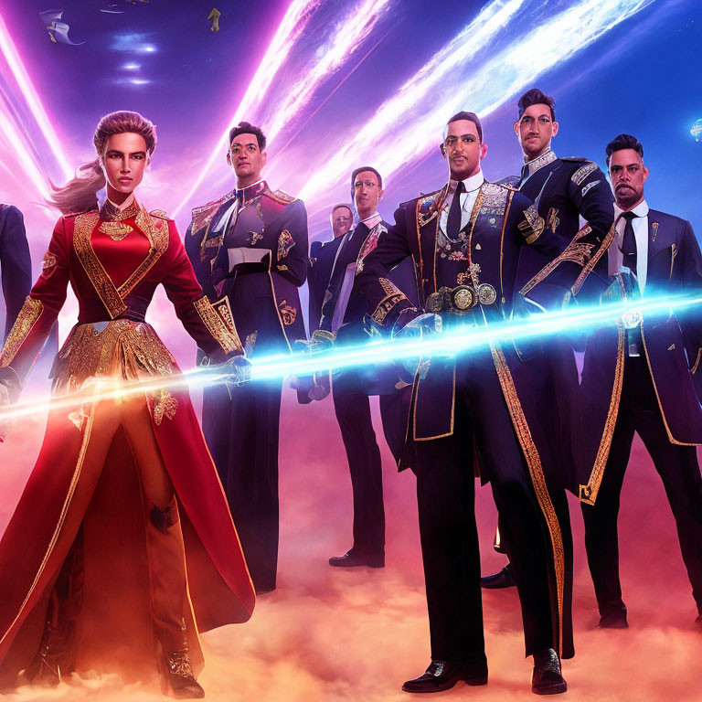 Stylized characters in ornate military uniforms with futuristic weapons in cosmic setting
