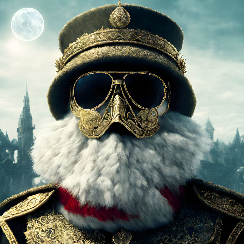 Character with white fur collar, military hat, and aviator goggles in moonlit castle setting