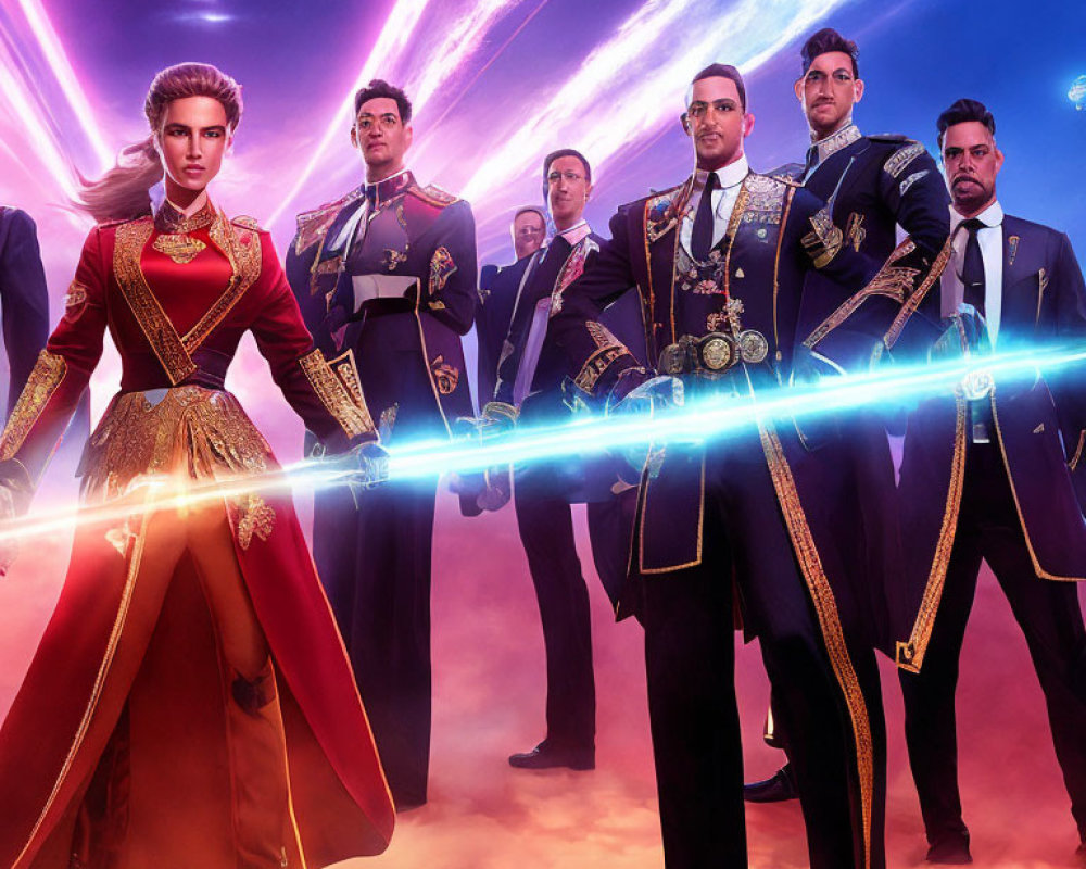 Stylized characters in ornate military uniforms with futuristic weapons in cosmic setting