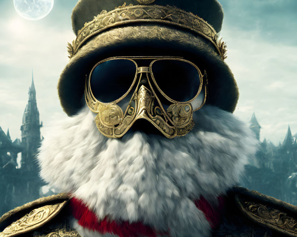 Character with white fur collar, military hat, and aviator goggles in moonlit castle setting