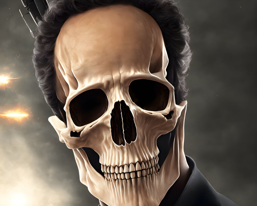 Stylized digital portrait blending human features with skull and gun barrel backdrop