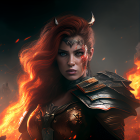 Red-Haired Warrior in Golden Armor Amidst Swirling Flames