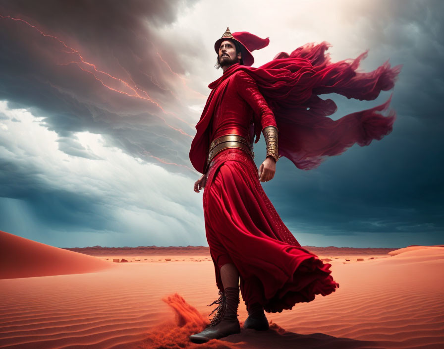 Majestic figure in red cape and armor on desert sands with lightning