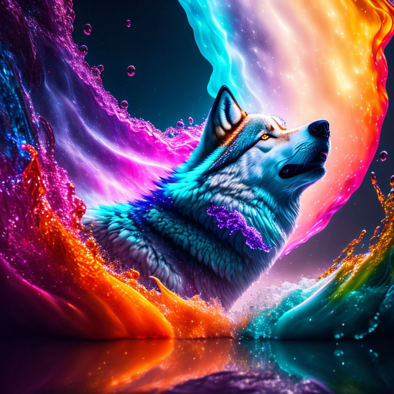Colorful Wolf Artwork with Cosmic Background and Neon Liquid Splashes