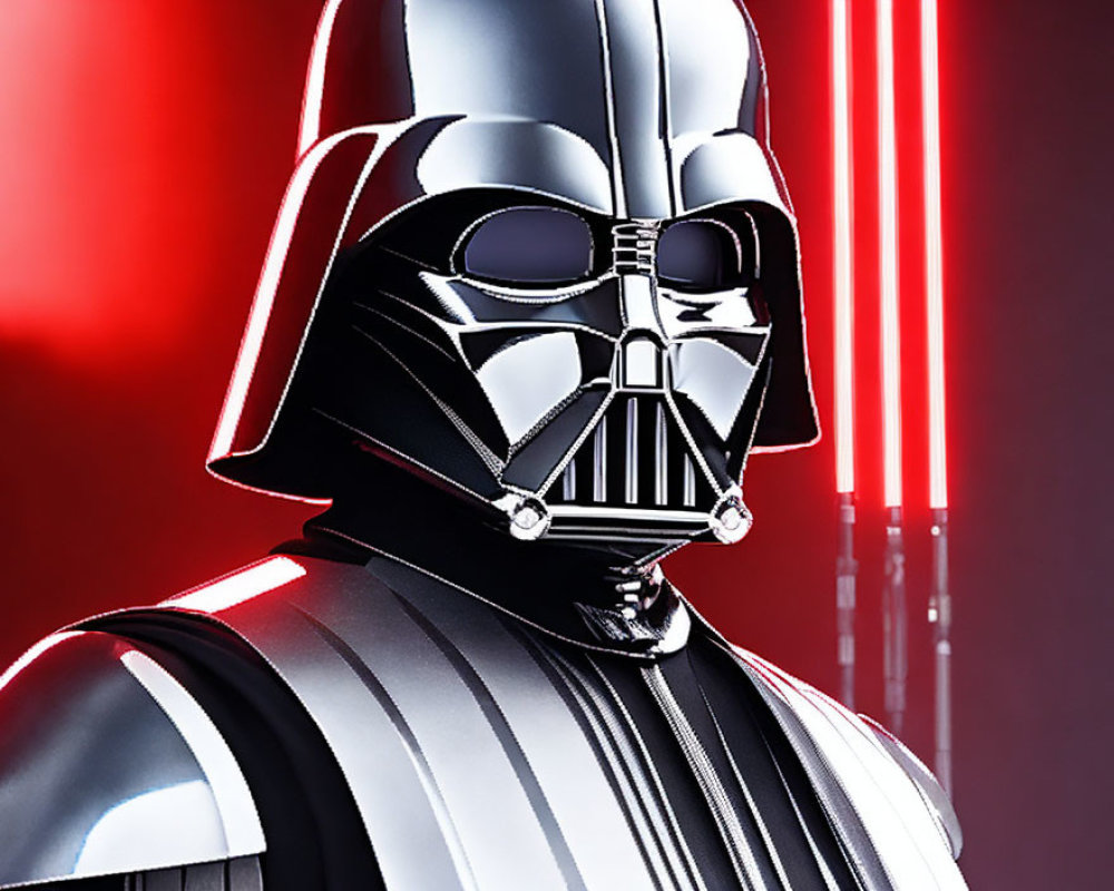 Detailed view of Darth Vader's helmet and upper torso with glowing red lightsaber on red backdrop